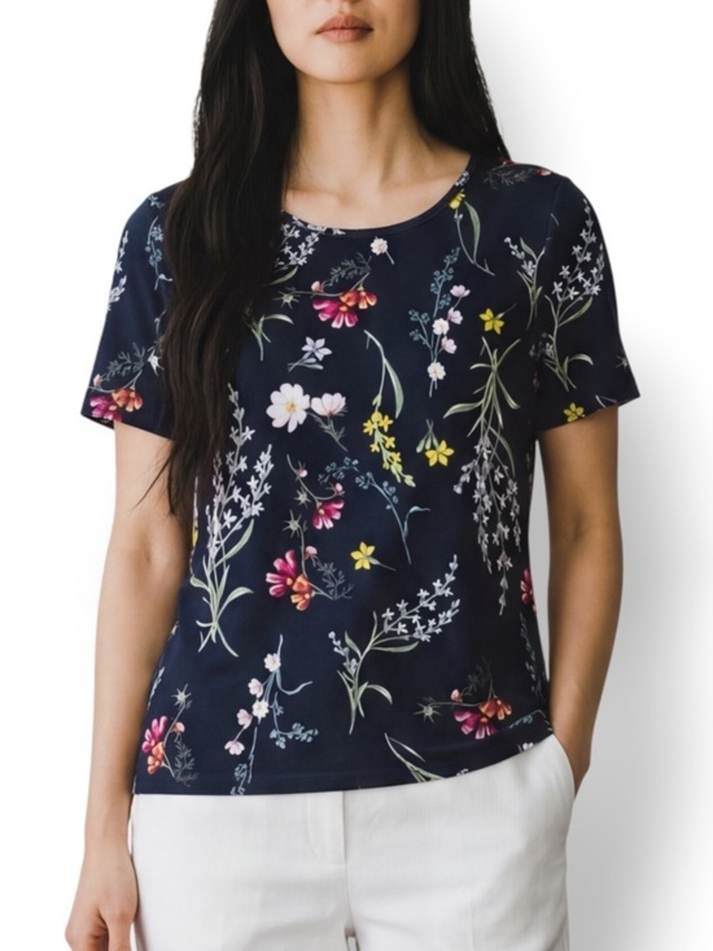 4/$20 Time and Tru Floral Print 3/4 Sleeve Stretch Navy Top Small